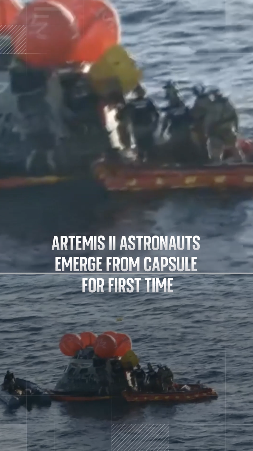 Watch as the Artemis II crew emerge from the Orion capsule for the first time