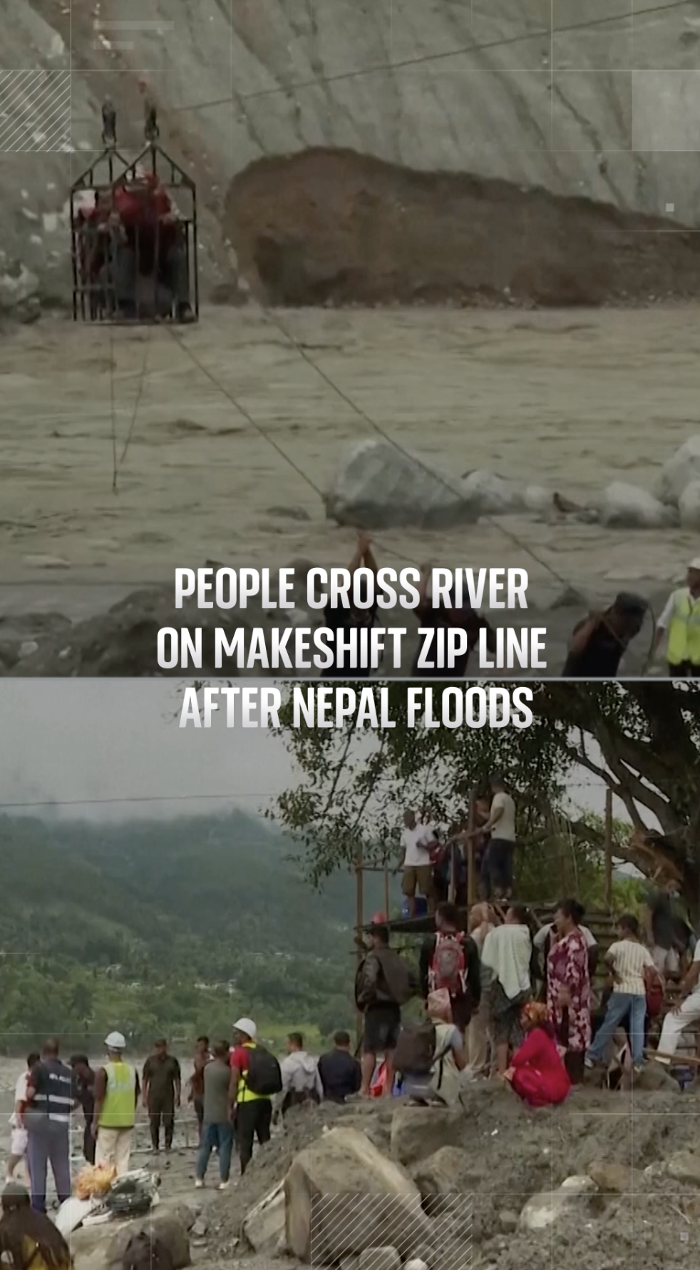 People cross river on makeshift zip line after Nepal floods